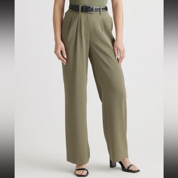 Quince Pants - NWT 💚 QUINCE Olive Stretch Crepe Pleated Wide Leg Pants; Size 6, 30L